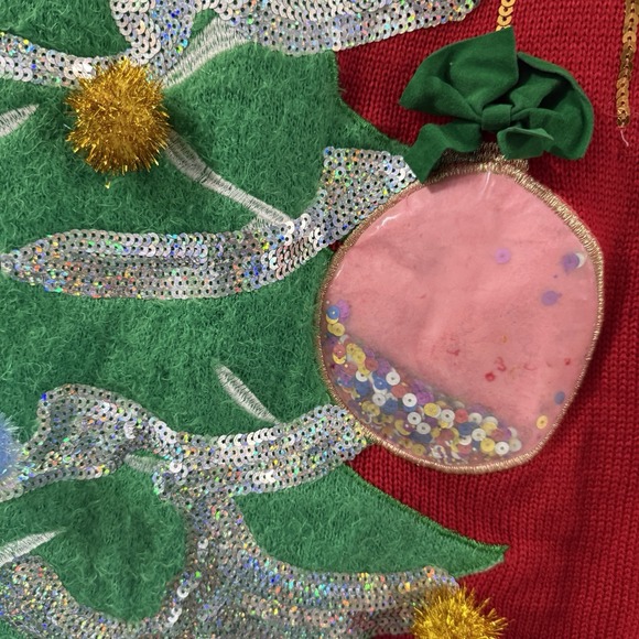 Ugly Christmas Tree 3D Sweater Womens M Giraffe Sequins Pom Poms Fuzzy Tinsel - Picture 3 of 7